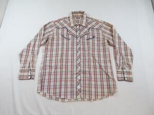 Tem-Tex Pearl Snap Beige Red Blue Plaid Western Shirt 17.5-35 70s/80s